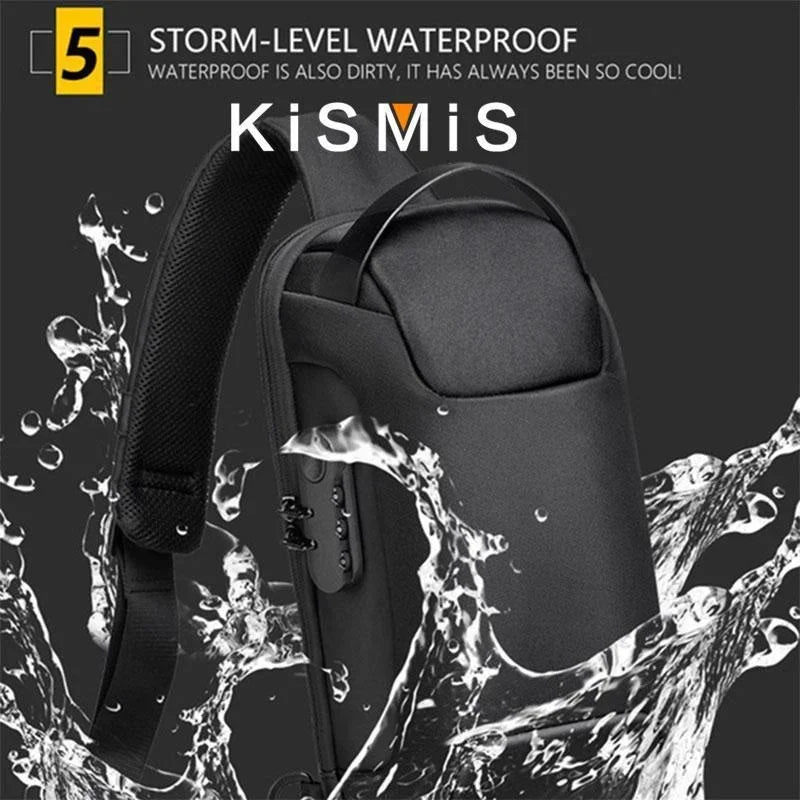 Black waterproof crossbody bag with anti-theft lock and USB charging port, shown against a splashing water background.
