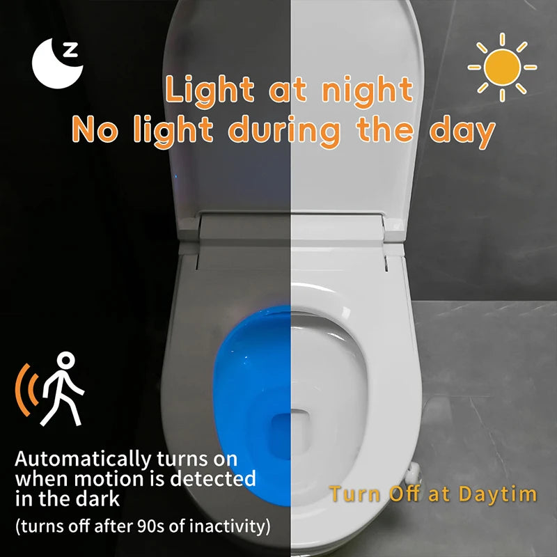Rechargeable toilet night light with blue LED motion sensor, auto-activating in the dark and off during the day.