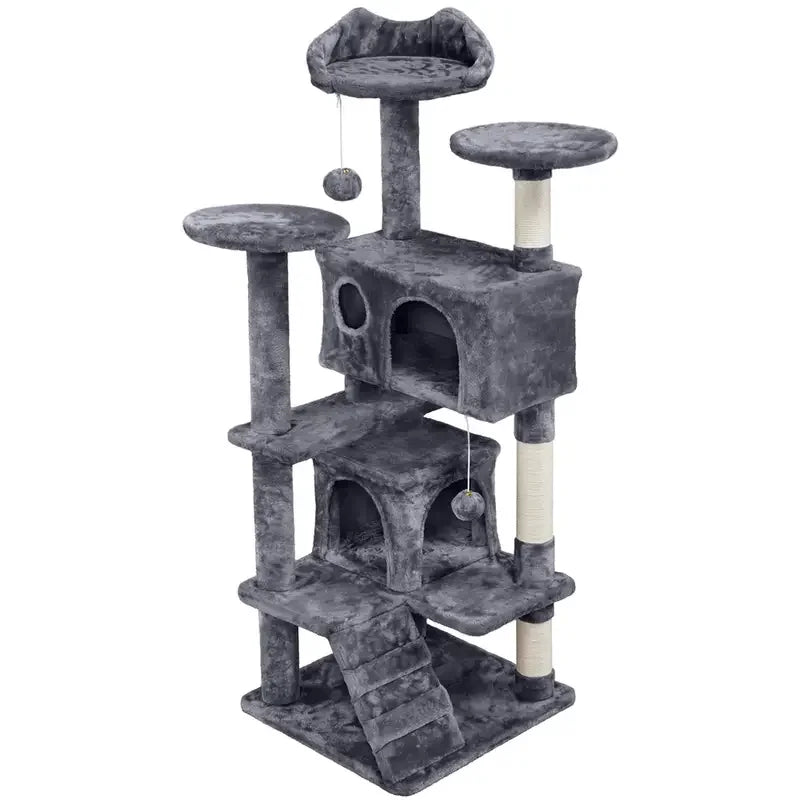 Large grey plush cat tree with three levels, two enclosed condos, sisal scratching posts, platforms and hanging toys.
