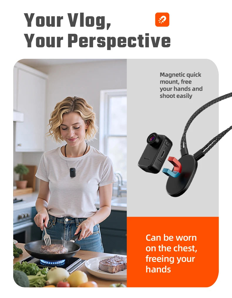 Black compact plastic camera with a magnetic mount and neck strap for wearing on the chest to record hands-free.