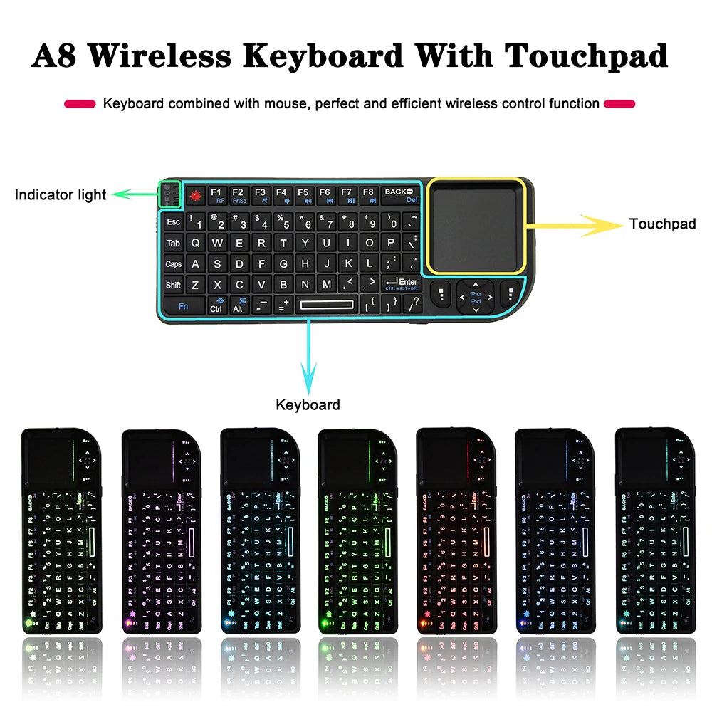 Black plastic wireless mini keyboard with an integrated touchpad and multicolour backlit keys.
