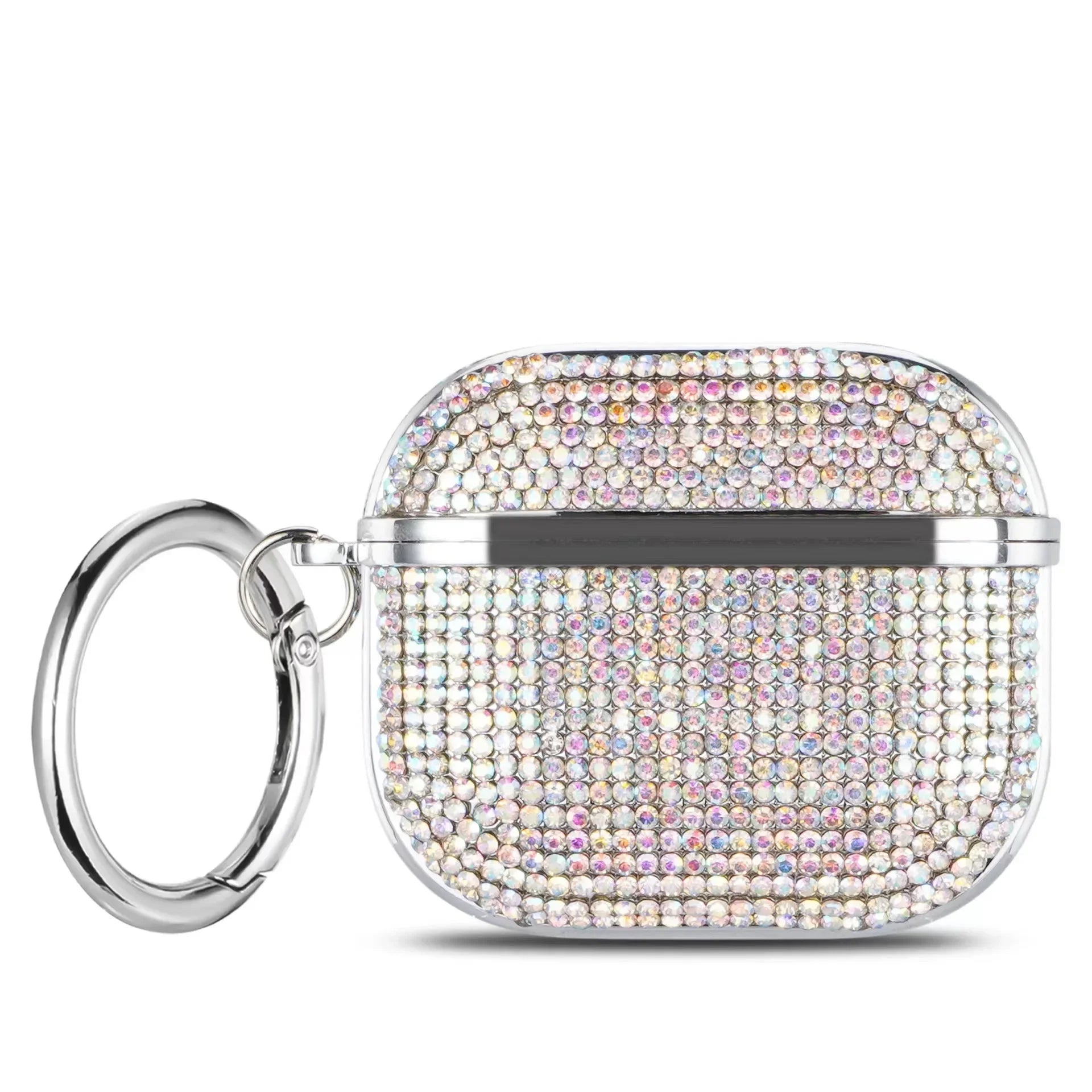 Iridescent crystal-encrusted AirPods Pro case with silver keychain attachment.