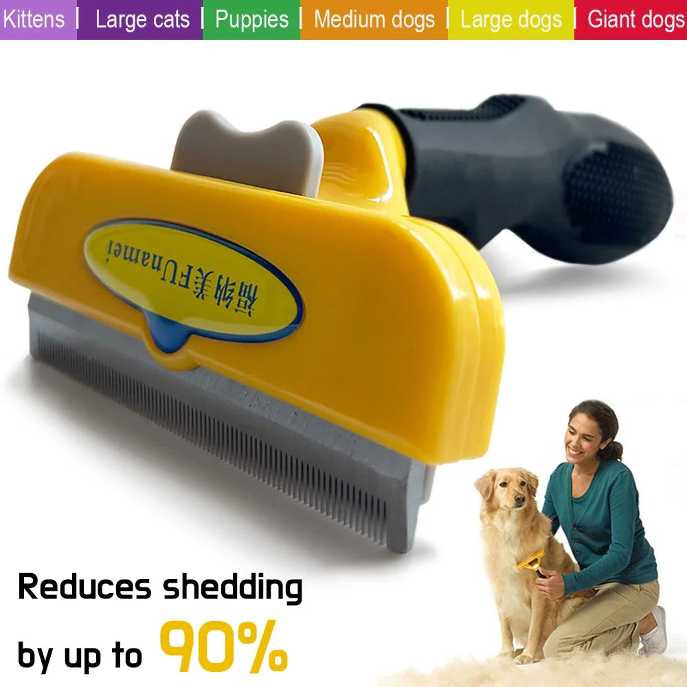 Yellow and black pet deshedding tool with a metal comb, shown being used on a golden dog by a woman.