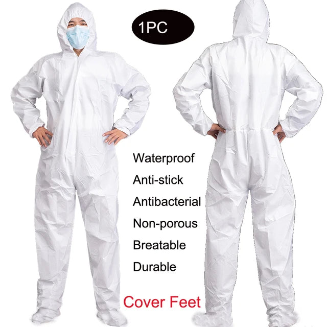 White hooded protective coverall with foot covers made of non-porous, waterproof, and durable material.