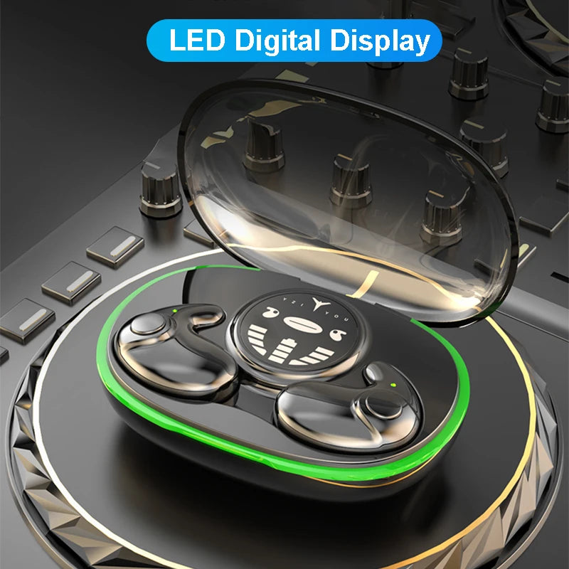 Black wireless earbuds in a charging case with a transparent lid, green LED trim, and a digital battery display.