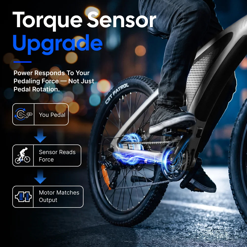 HUANCI Q5 gray electric mountain bike with thick tires being pedaled at night, showing torque sensor features.