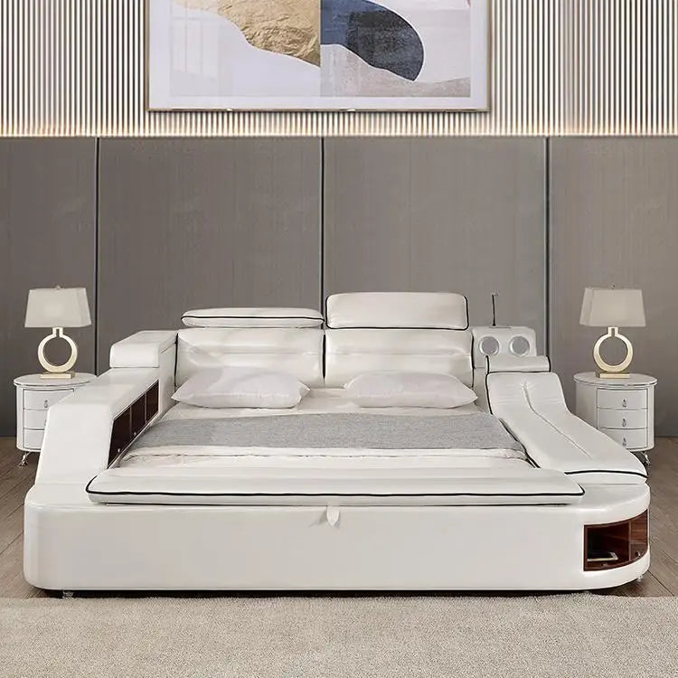 Modern white leather platform bed with integrated side storage, cushioned headboard, and built-in LED lighting.