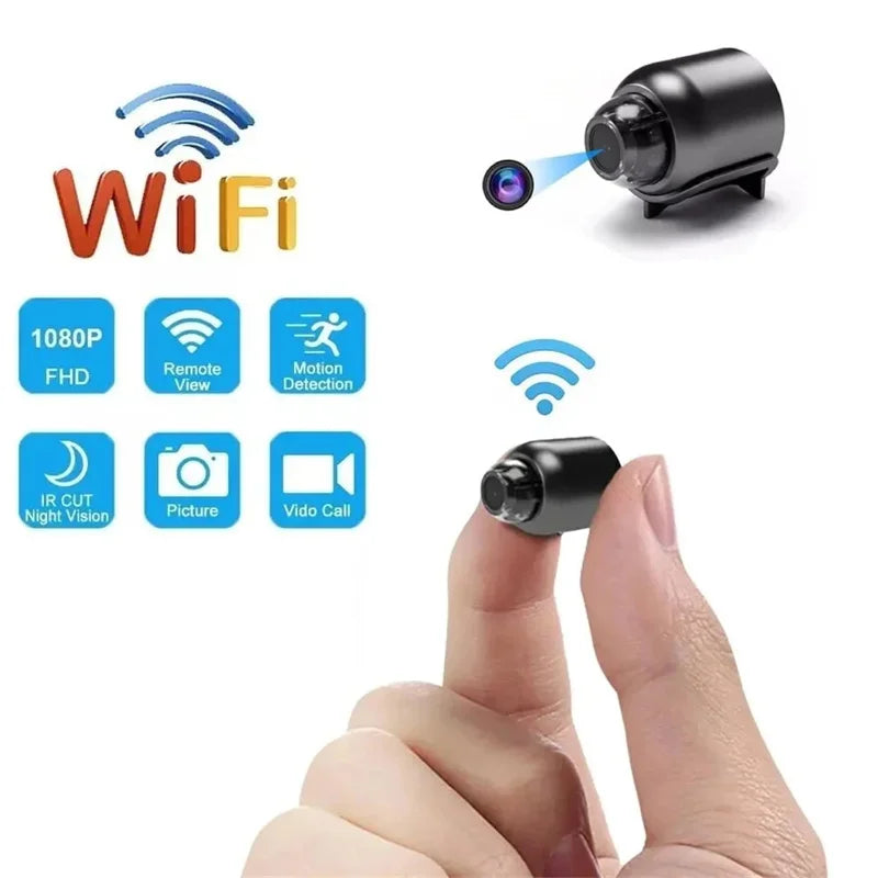 Small black plastic wireless mini camera with 1080p, motion detection, and night vision features.