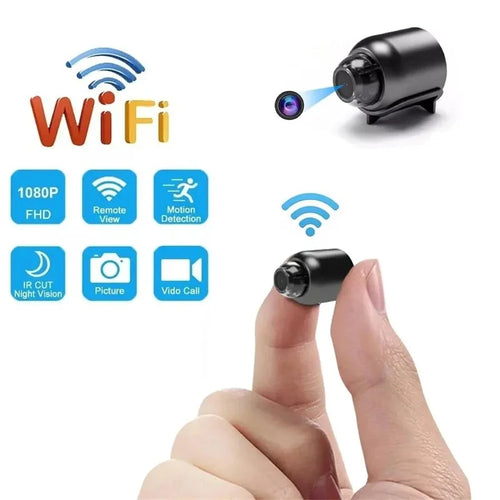 Small black plastic wireless mini camera with 1080p, motion detection, and night vision features.