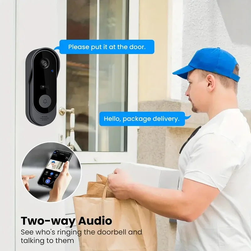 Sleek black wireless video doorbell featuring HD camera, night vision, and two-way audio for remote door communication.