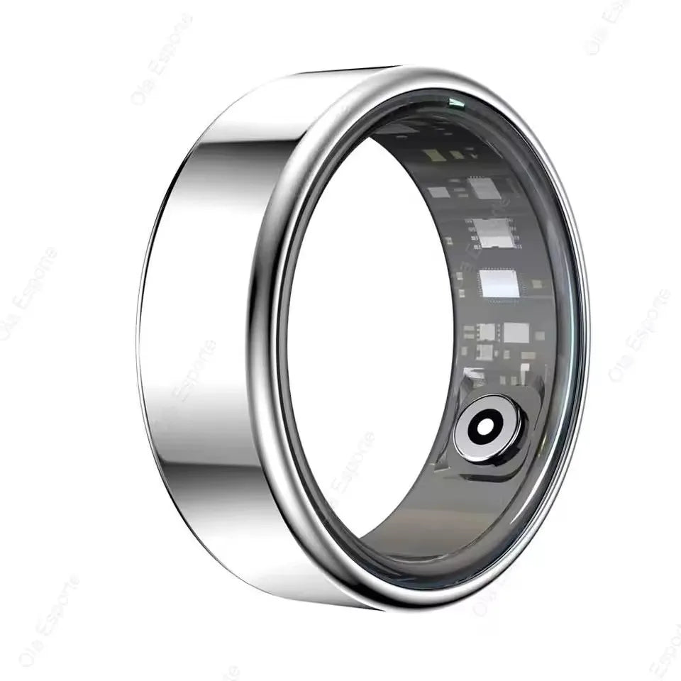 A sleek, polished silver smart fitness ring showing the advanced sensor technology on the inner band.