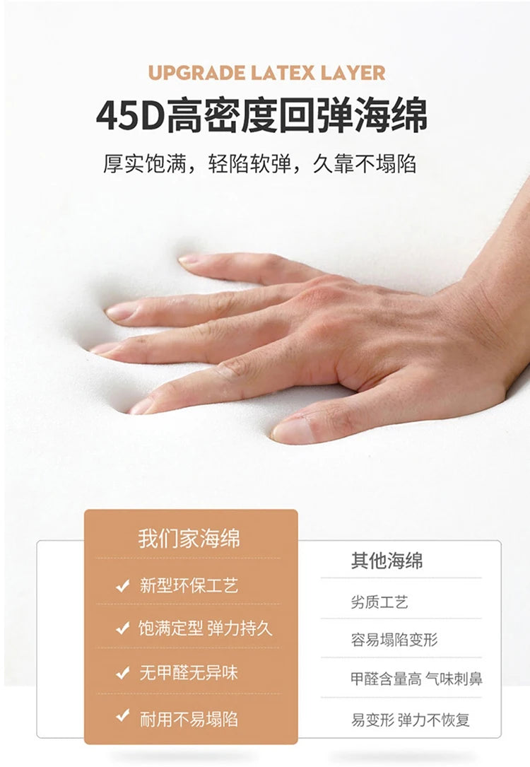 Close-up of a hand pressing into a high-density white foam mattress layer, demonstrating its soft, resilient texture.