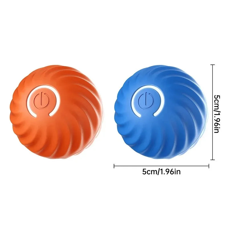 Two 5cm interactive dog toy balls in orange and blue, featuring a spiral textured design and a central power button.