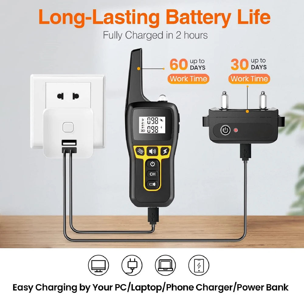 Black and yellow dog training collar and remote charging via USB from a wall plug. Highlights long battery life.