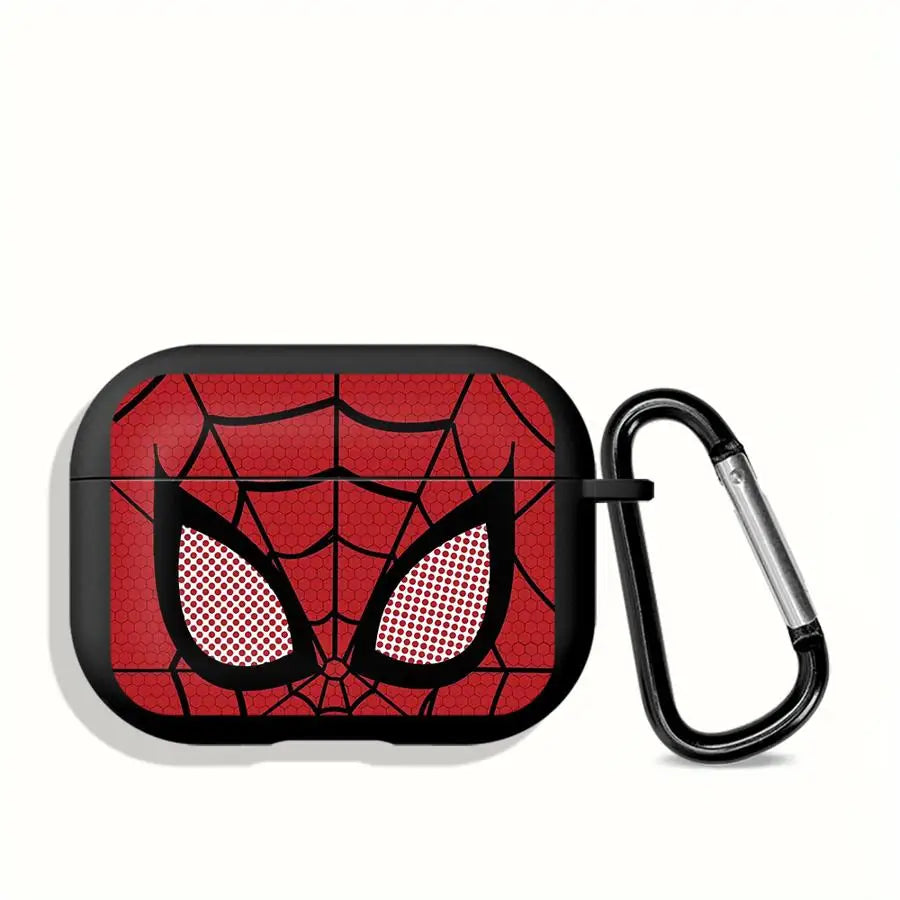 Spider-Man AirPods Pro silicone case in red and black with a matching carabiner clip.