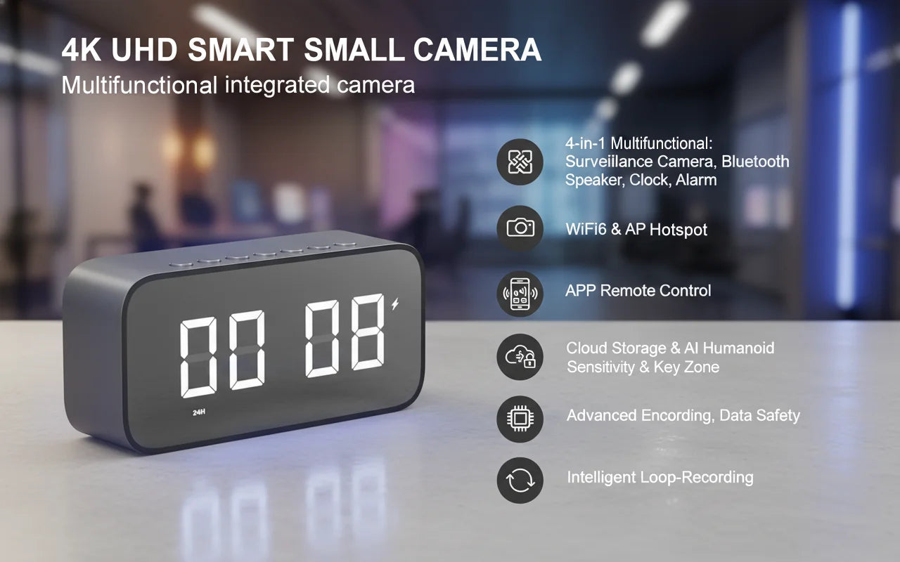 Grey rectangular digital alarm clock with a built-in 4K camera, speaker, WiFi connectivity, and app control.
