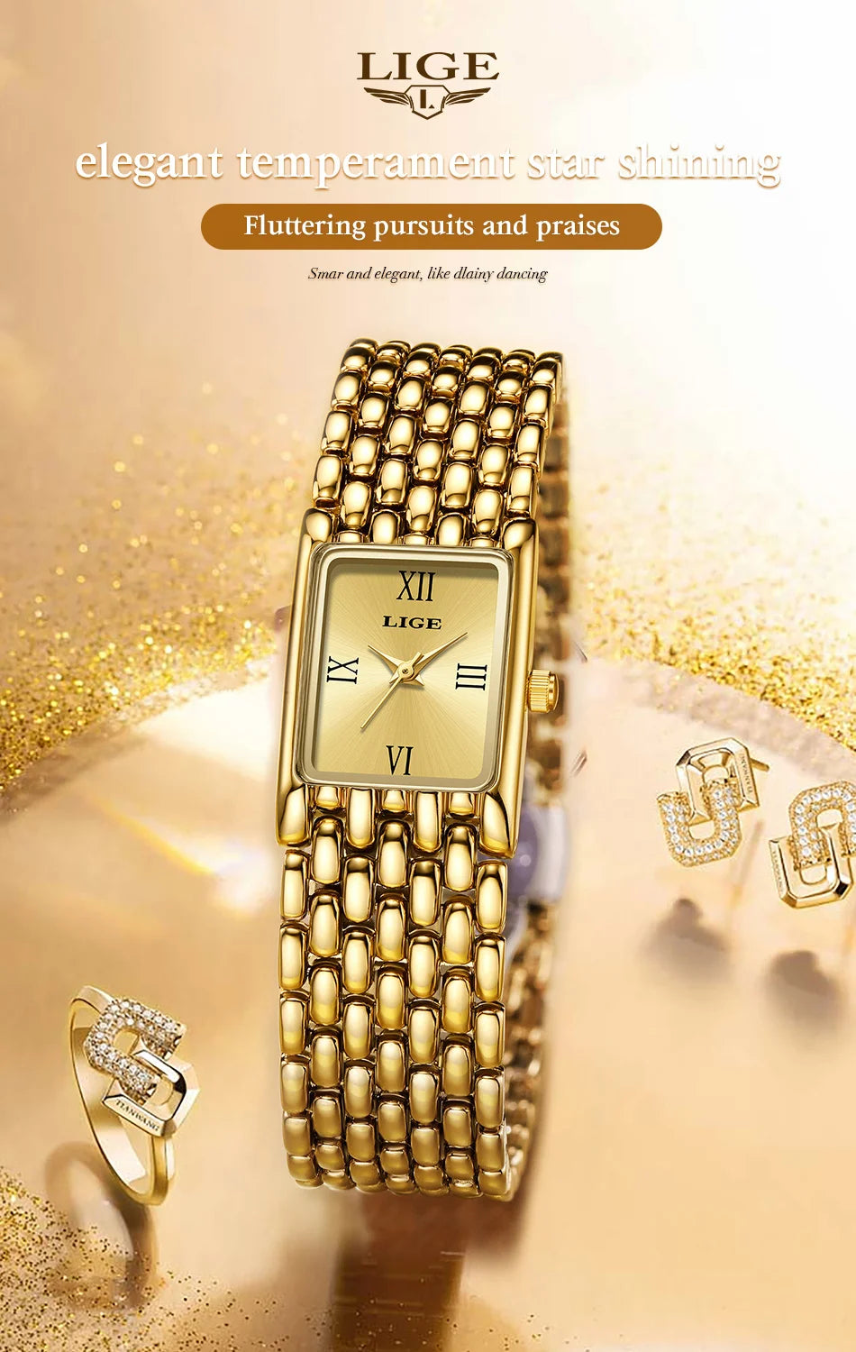 Elegant gold-toned ladies' square quartz watch with a textured link strap, matching earrings and a ring.