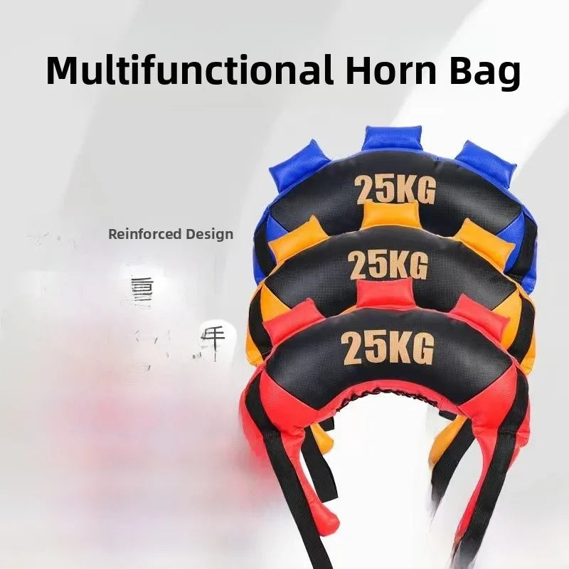 Three black weighted Bulgarian training bags with red, orange, and blue trim, each marked 25kg.