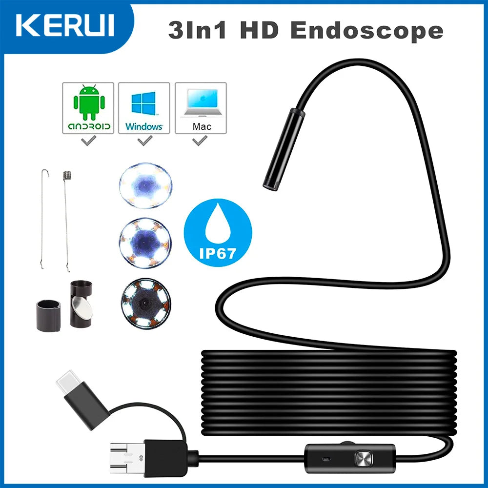 Black 3-in-1 inspection endoscope with LED camera, cable, attachments, and multi-device compatibility icon.