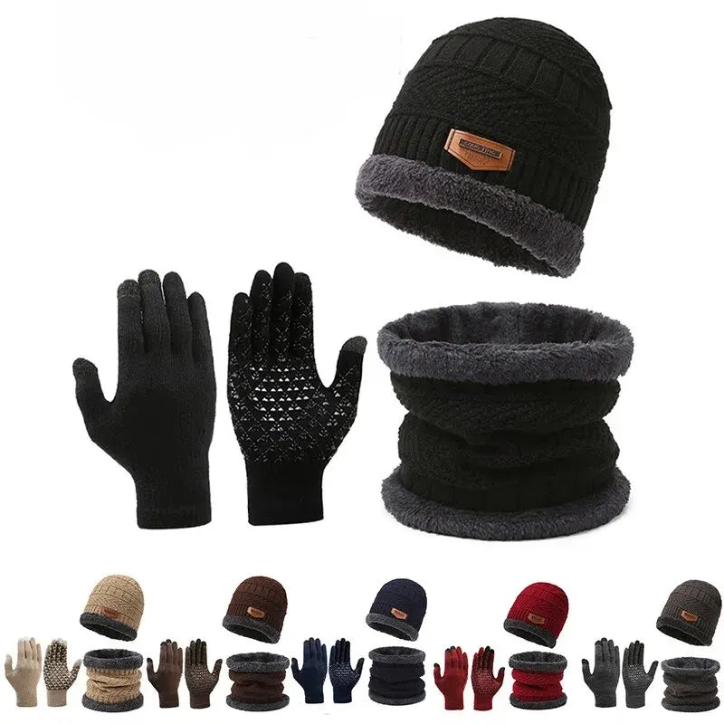 Men’s 3-piece winter set featuring a fleece-lined knit hat, infinity scarf, and touchscreen-compatible gloves.