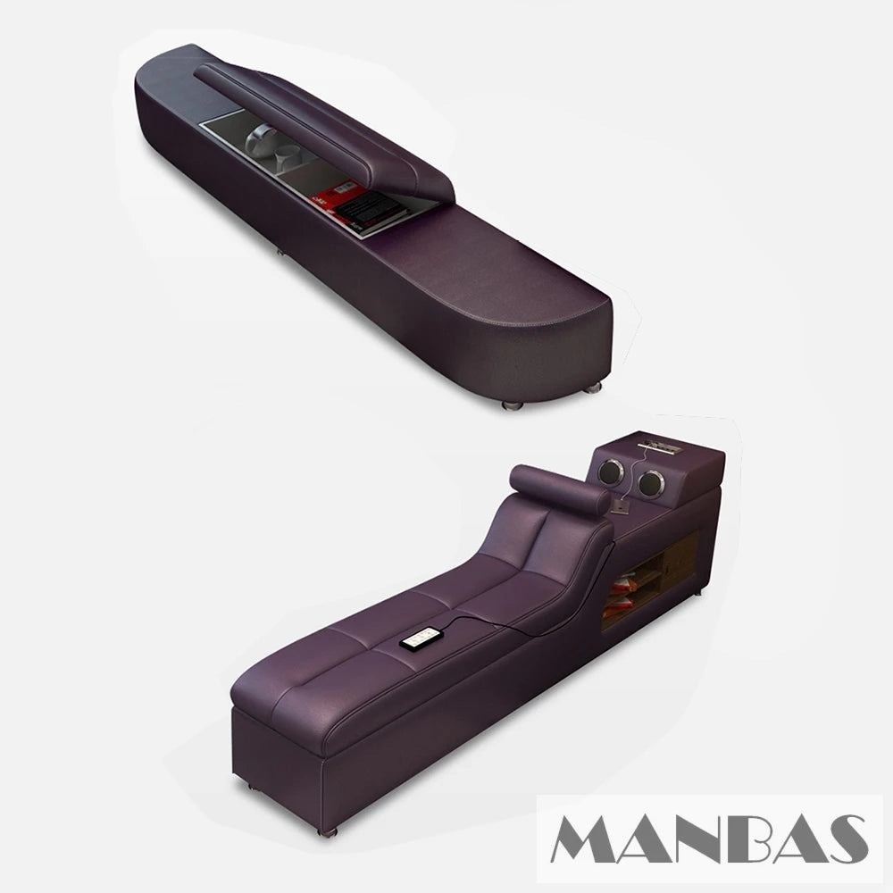Modern purple upholstered chaise lounge with integrated speakers, storage compartments, and a headrest.