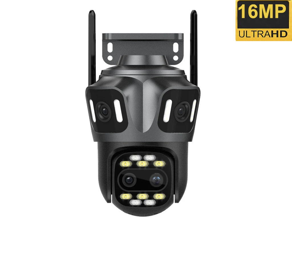 Dark grey 16MP quad-lens outdoor security camera with two antennas, motion-detecting spotlights and infrared LEDs.