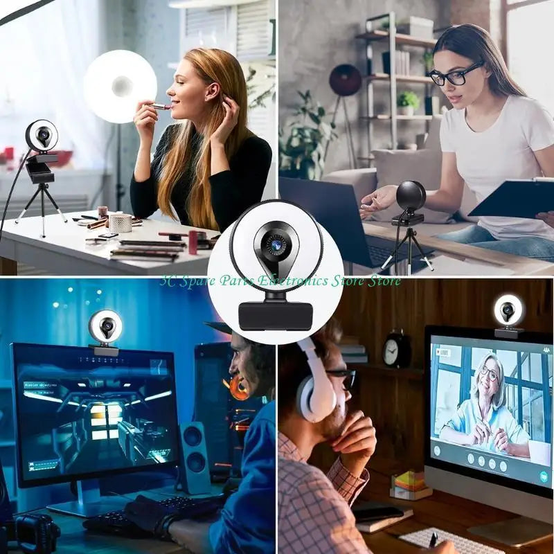 Black plastic webcam with integrated circular LED ring light, mounted on a stand or computer monitor.