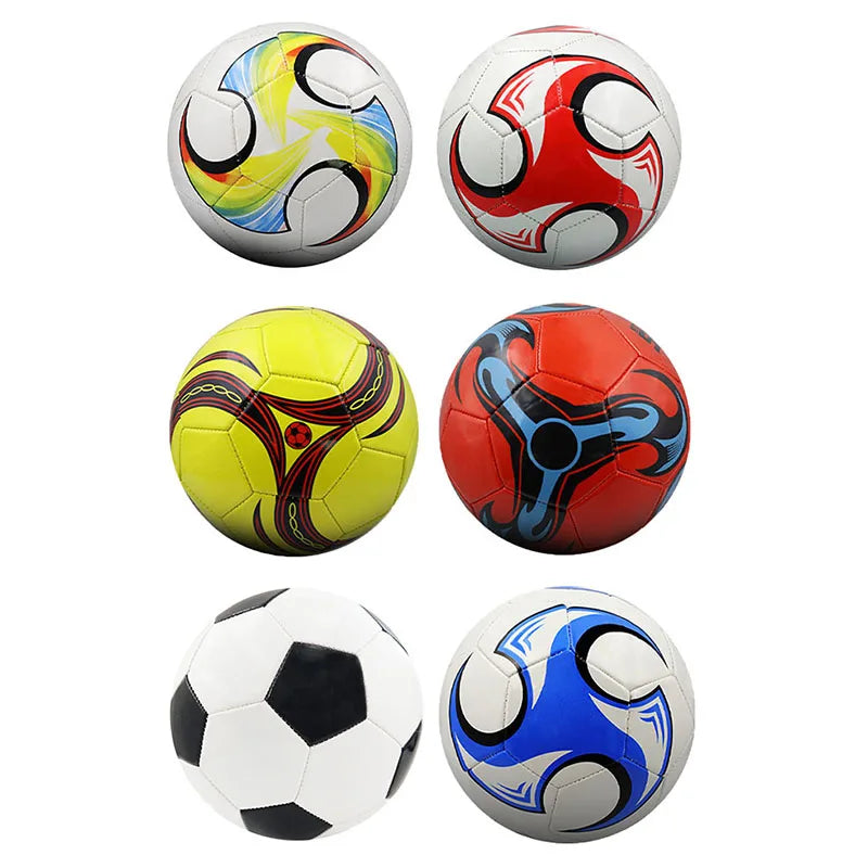 Six assorted footballs in various designs, including classic black and white and vibrant, patterned multi-colour styles.