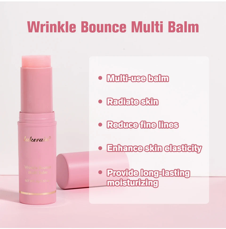 Pink multi-use wrinkle bounce balm stick for moisturizing, reducing fine lines, and enhancing skin elasticity.