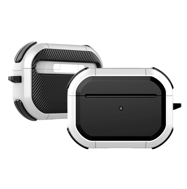 Rugged, black and white protective case for AirPods Pro, featuring a carbon-fibre style textured back.