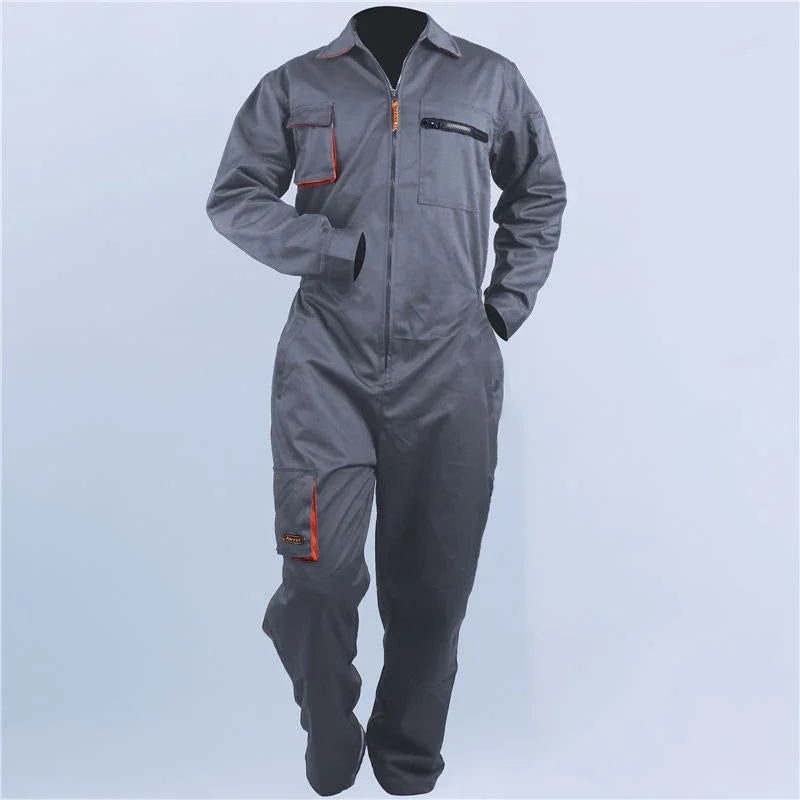 Grey work coveralls with a zip front, chest pockets, and orange trim detailing.