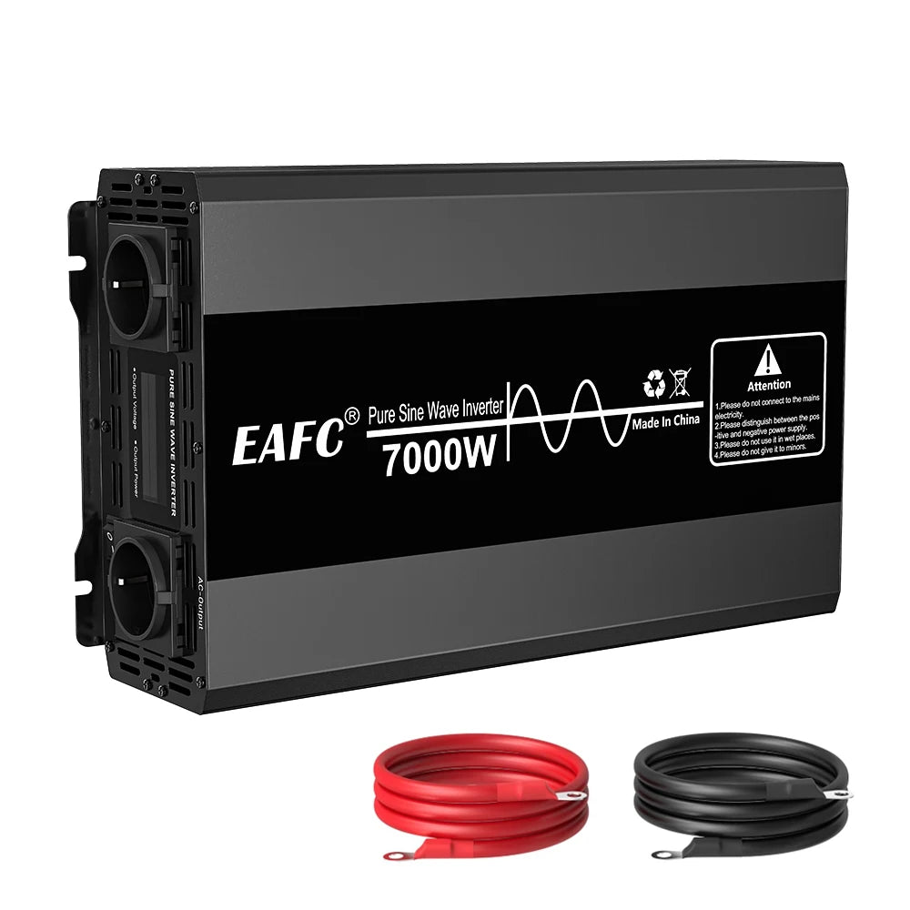 Black pure sine wave power inverter with dual AC sockets and included red and black battery connection cables.