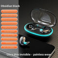 Obsidian black wireless earbuds with a clear-lidded charging case featuring a digital LED battery display and neon trim.
