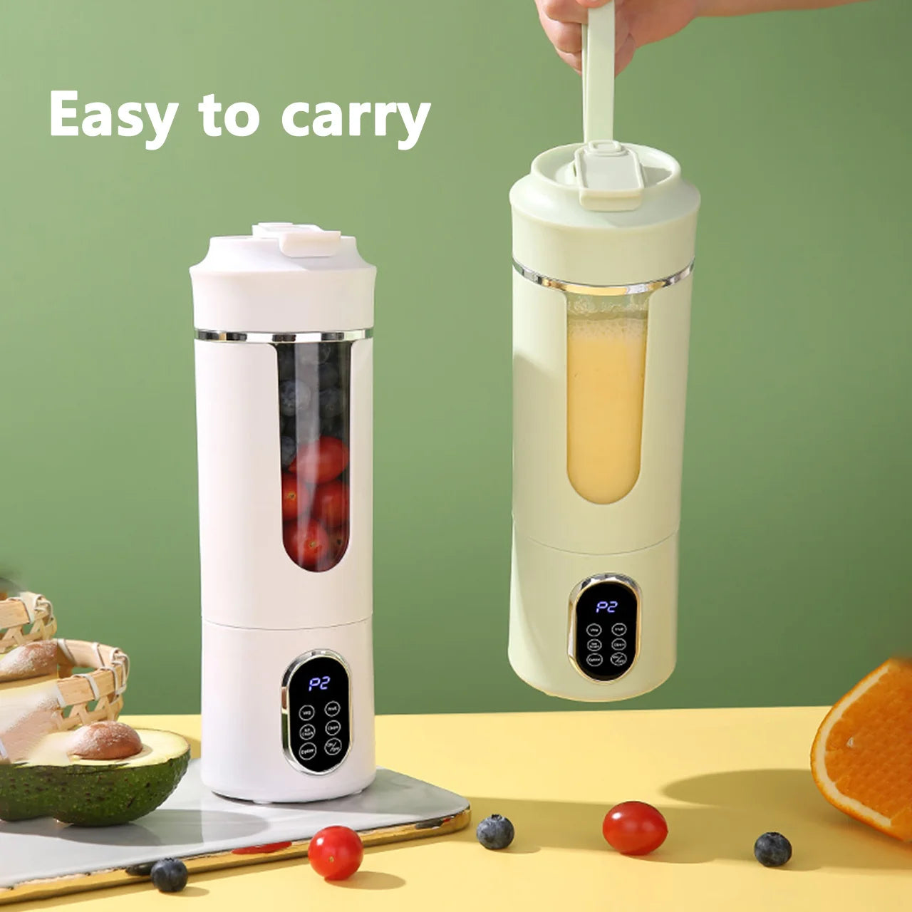 Two portable, rechargeable electric blenders in white and light green, featuring a digital display and carry handle.