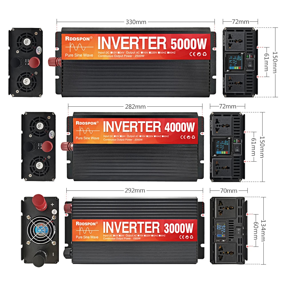 Black pure sine wave power inverters with red labels, featuring dual sockets, cooling fans, and digital displays.