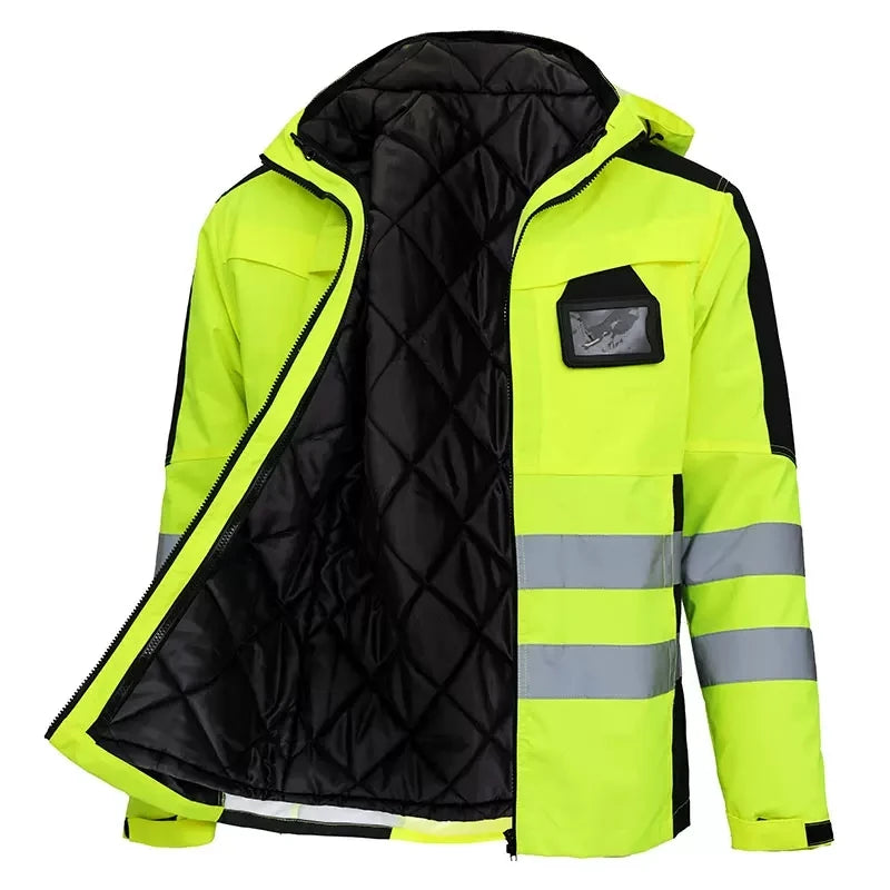 High-visibility yellow waterproof jacket with black quilted lining, reflective strips, and an ID pocket.