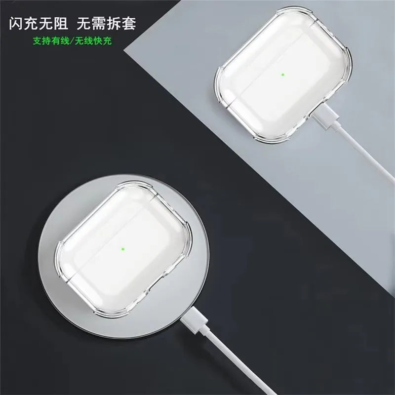 Clear, shockproof case for AirPods Pro, supporting both wired and wireless charging.
