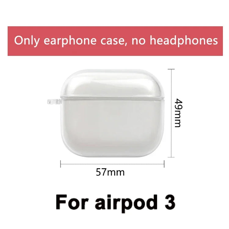 Clear protective silicone case for AirPods 3, featuring dimensions 57mm by 49mm. (Case only, no headphones included).