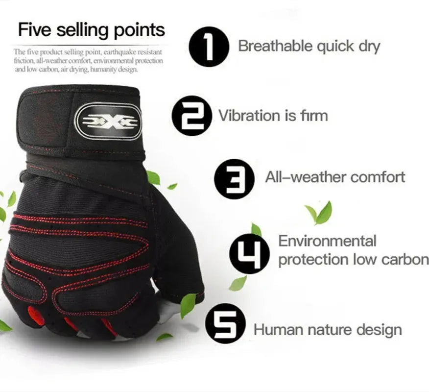 Black fingerless sports glove with red stitching and wrist strap, displayed with five key product features.