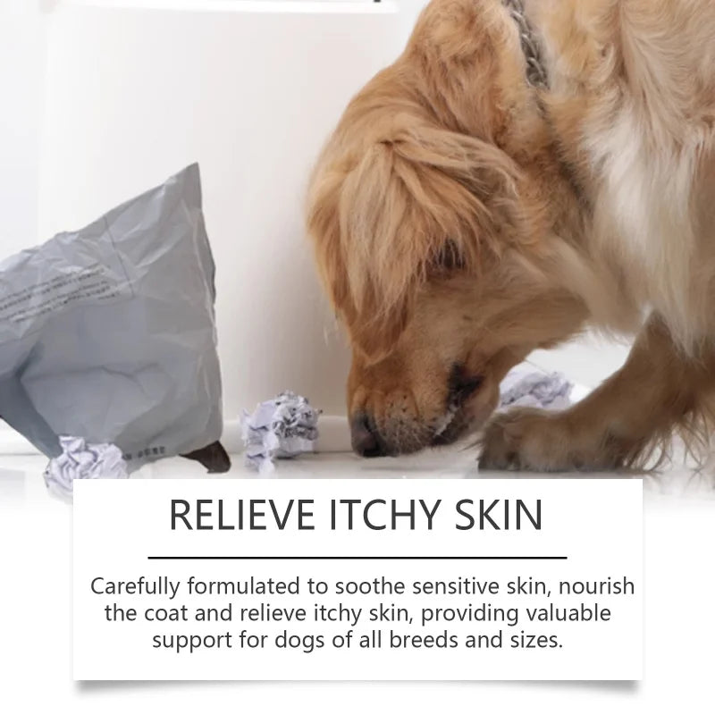 Golden retriever sniffing a grey package, with text promoting a solution to soothe and relieve itchy dog skin.