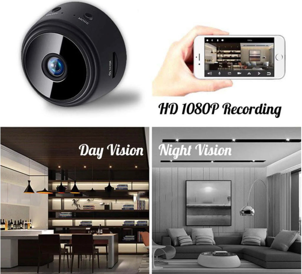 Small black plastic spherical mini security camera with HD 1080p recording, day/night vision, and mobile app support.