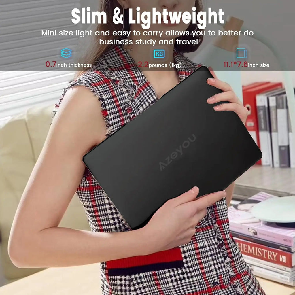 A woman holding a sleek, black 11.6-inch slim laptop that is lightweight and portable for study or travel.