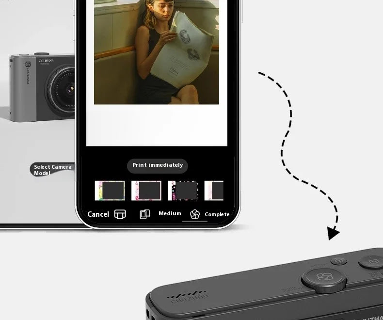 Grey plastic digital instant camera shown with a smartphone app interface displaying printing and editing options.