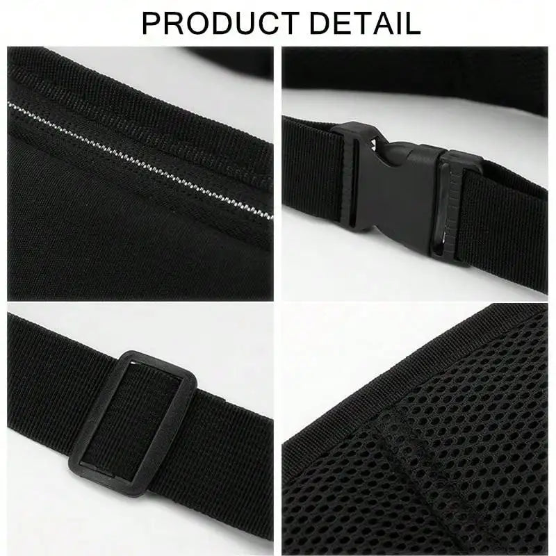Detail shots of a black bum bag with a reflective zip, adjustable strap, plastic buckle, and mesh back panel.