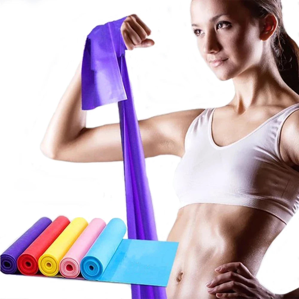 A woman demonstrating a long purple resistance band next to a colourful set of rolled exercise bands.