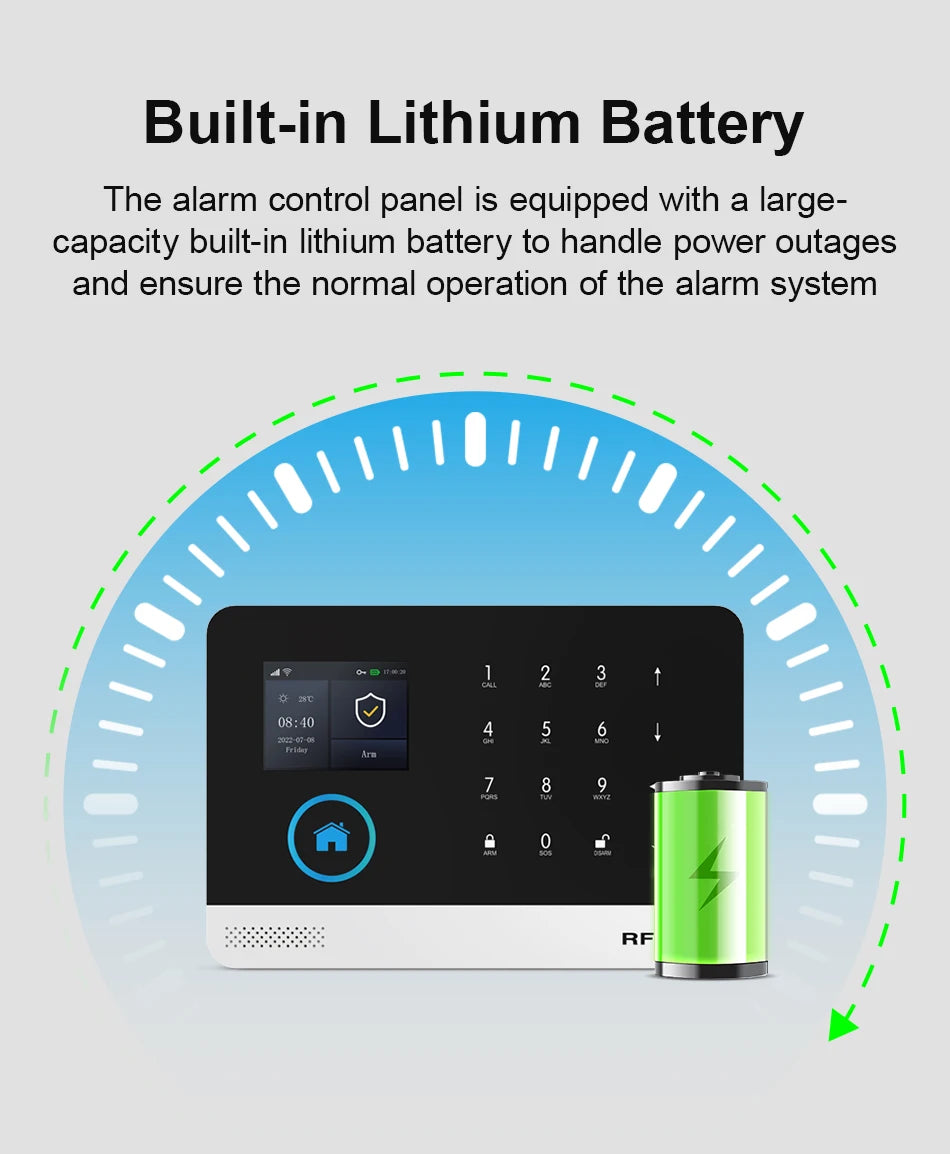 Sleek black and white smart home alarm panel with a digital screen, touch keypad, and a built-in backup battery.
