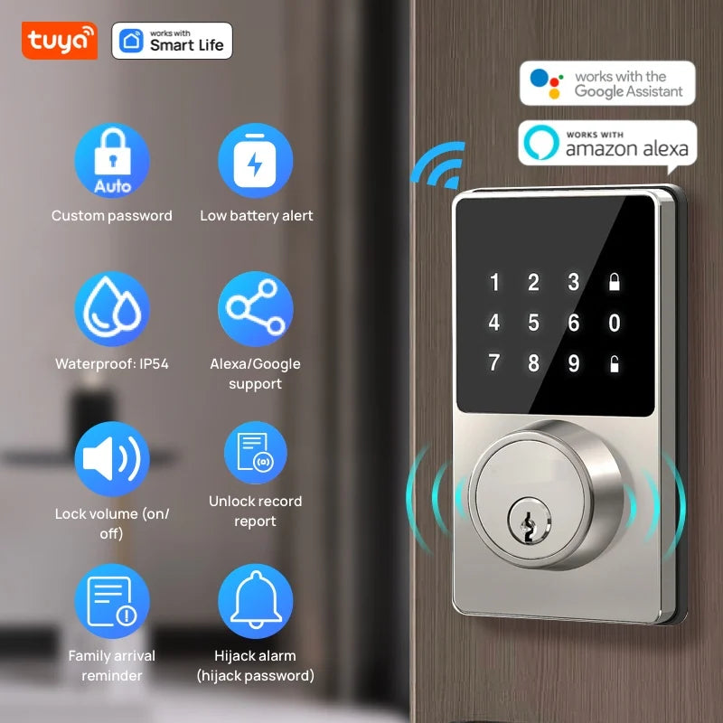 Silver smart door lock on a wooden door, featuring a black touchscreen keypad and a circular deadbolt with keyhole.