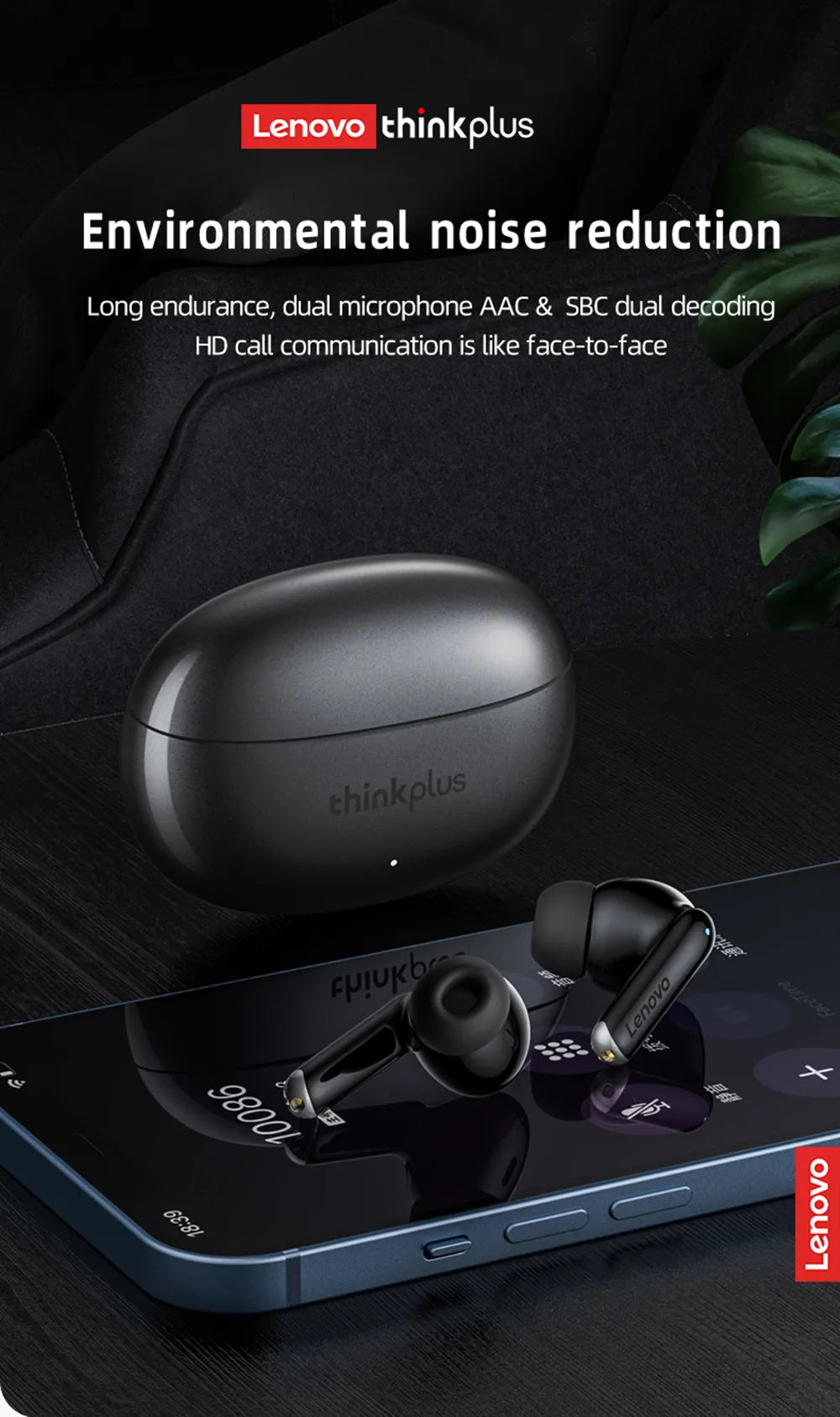 Sleek black wireless earbuds with a matching oval charging case displayed on a smartphone screen.