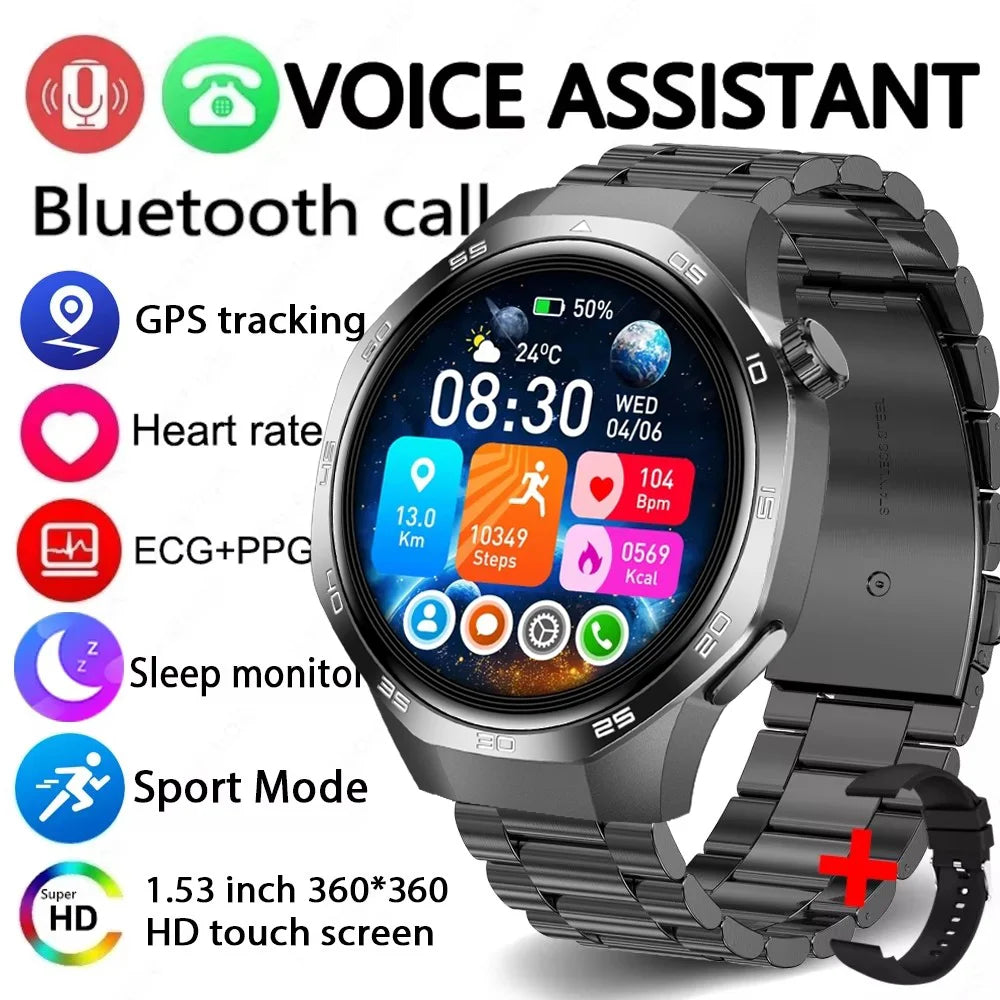 Black stainless steel smartwatch with a round HD touchscreen showing health, fitness, and voice assistant features.
