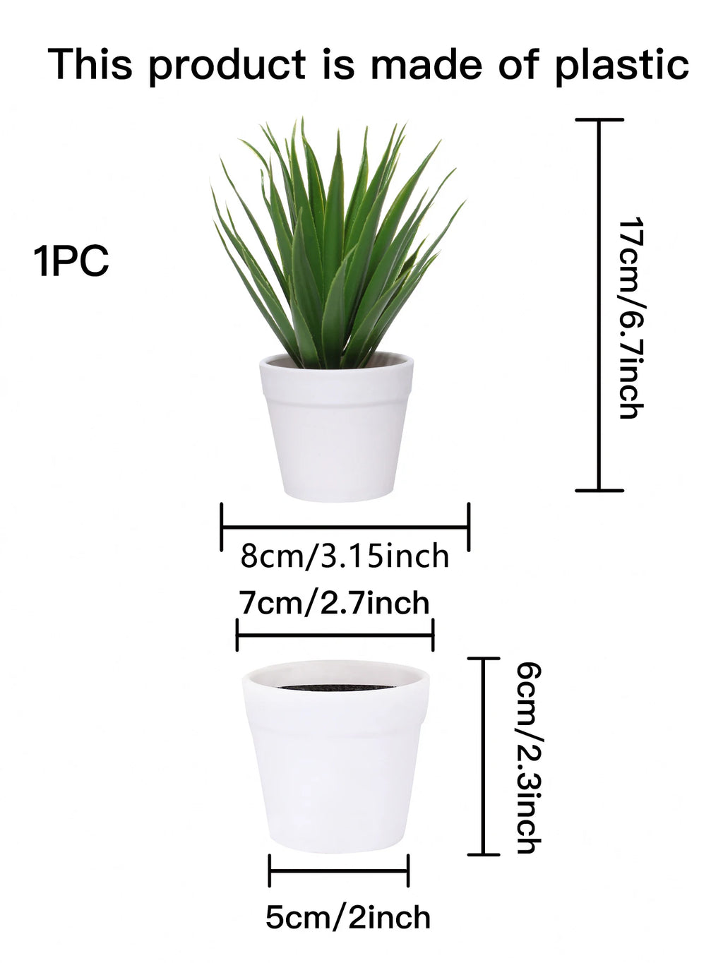 Artificial green spiky plant in a small white pot, shown with height and width measurements in centimeters and inches.